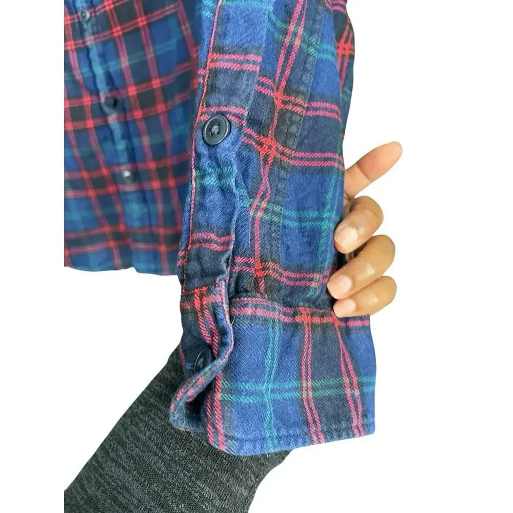 J Crew Flannel Shirt Slim Pockets Cotton Plaid Blue Green Red L Grunge Unisex